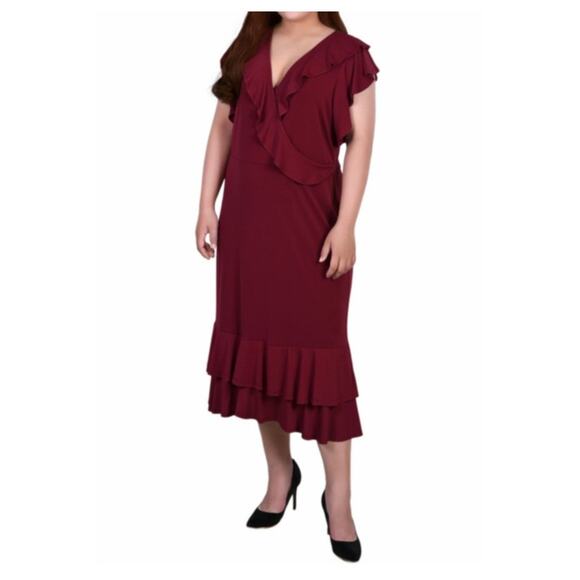 Ny Collection Burgundy Short Flutter Sleeve V-Neck Midi Dress Plus Size 1X - Picture 1 of 12